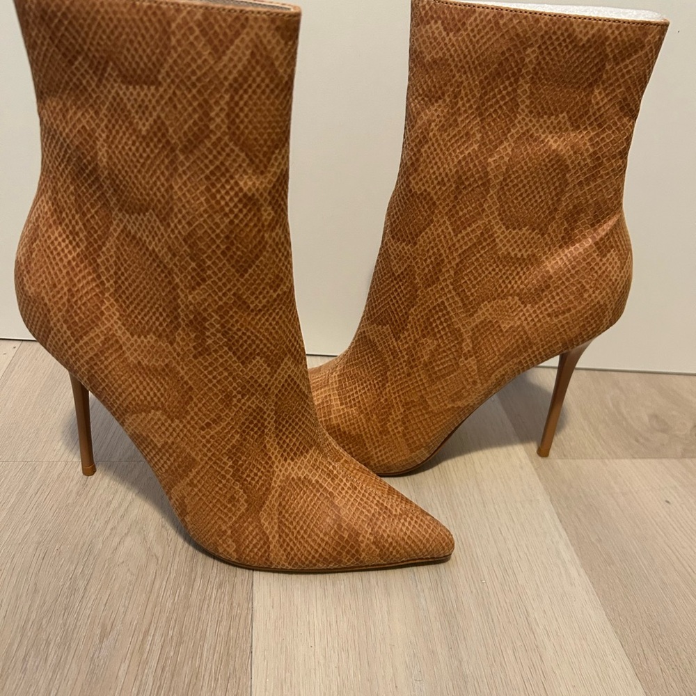 Fashion Nova Tan Snakeskin Heeled Boots